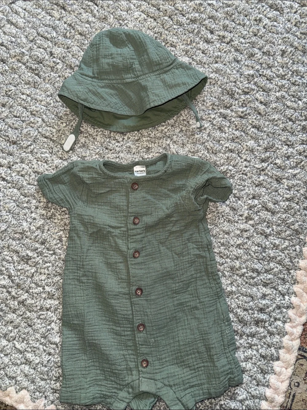 Carter's Olive Green Button-Front One-Piece Bodysuit with Sun Hat